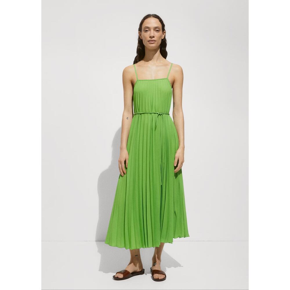 Mango NWT Lime Green Pleated Midi Dress Bow Belt 6 8 - Picture 14 of 16